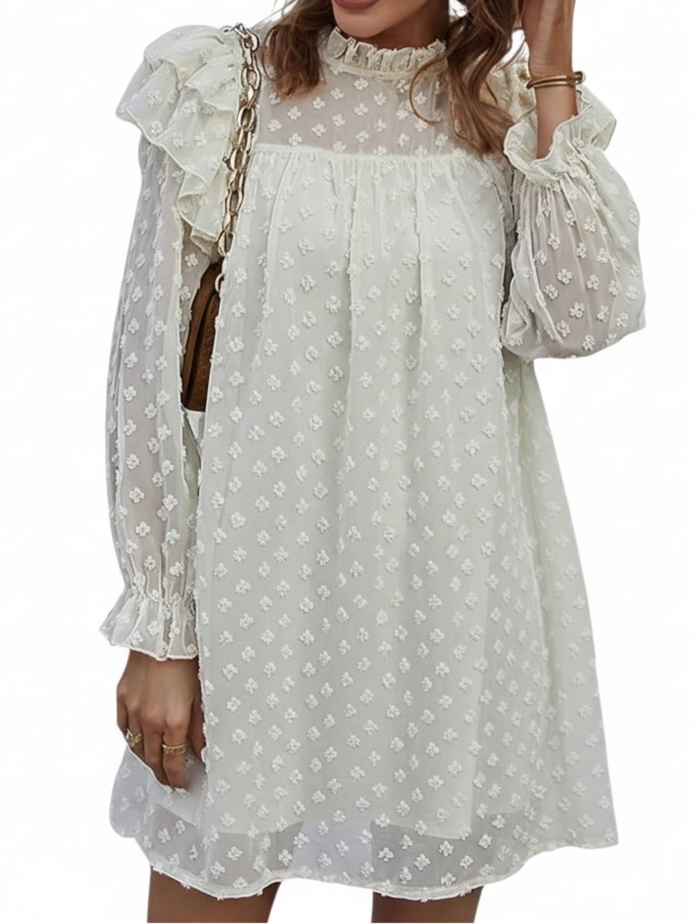 Simplee Ivory Swiss Dot Ruffle Mini Dress - Picture 5 of 5